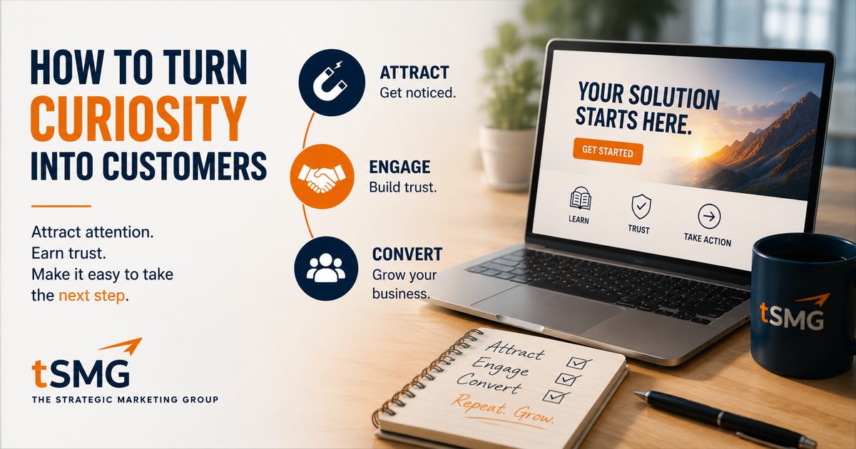 tSMG graphic titled “How to turn curiosity into customers” showing three steps — Attract, Engage and Convert — beside a laptop on a desk.