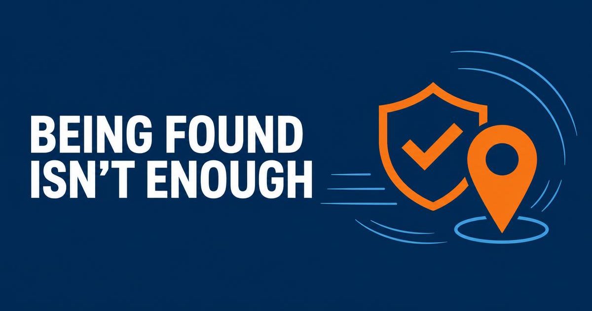 tSMG navy banner reading “Being found isn’t enough” beside an orange shield with a checkmark and a location pin.
