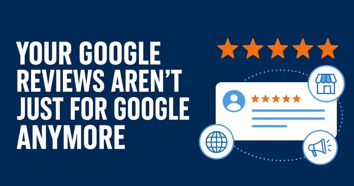 tSMG navy banner reading “Your Google reviews aren’t just for Google anymore” beside an orange five-star rating and review card.