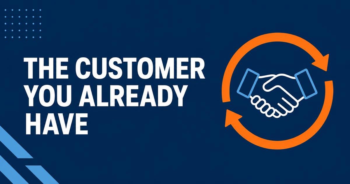 tSMG navy banner reading “The customer you already have” beside an orange loyalty loop encircling a handshake icon.