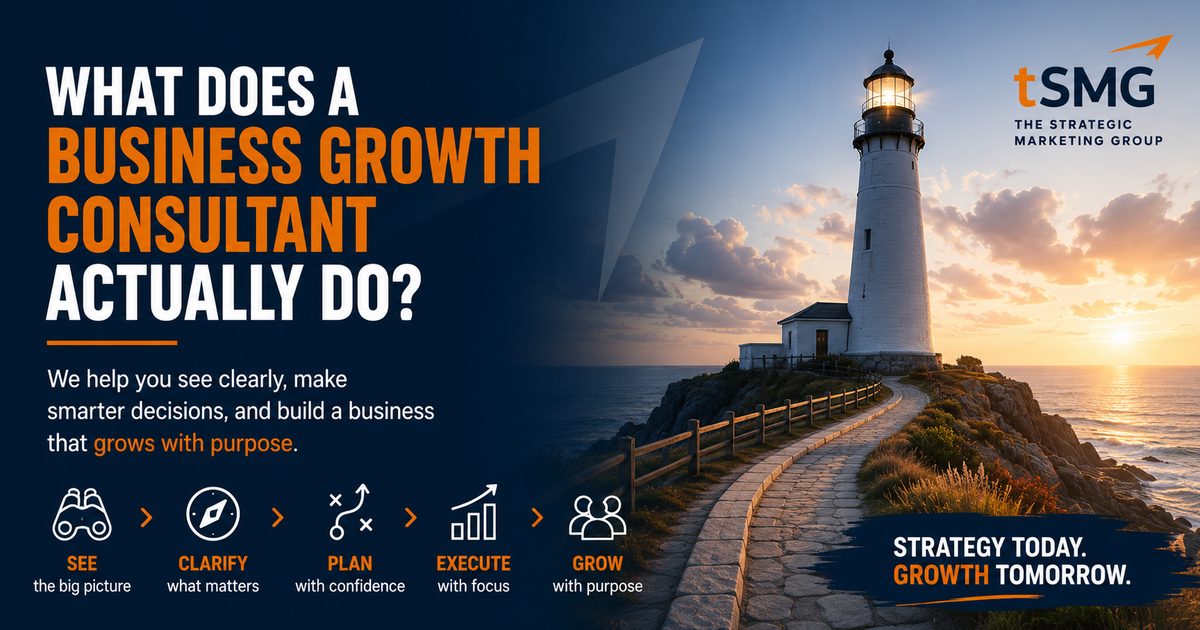 tSMG graphic asking “What does a business growth consultant actually do?” beside a lighthouse at sunset, with the steps See, Clarify, Plan, Execute, Grow.