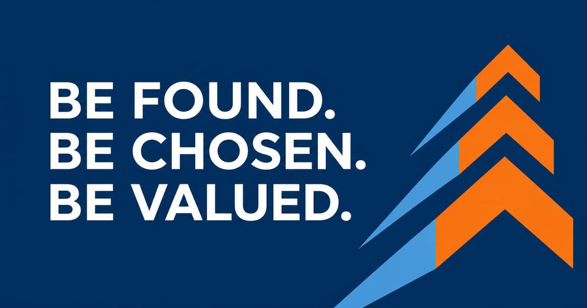 tSMG navy banner reading “Be Found. Be Chosen. Be Valued.” beside three ascending orange chevrons.