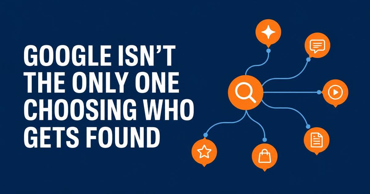 tSMG navy banner reading “Google isn’t the only one choosing who gets found” beside an orange search icon branching into multiple answer sources.